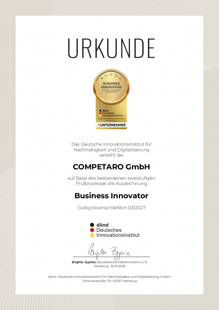 DIIND_URKUNDE_Business_Innovator_COMPETARO GmbH hirebadge
